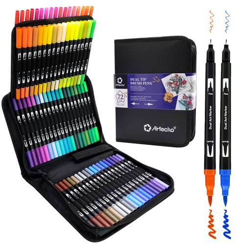 Artecho 72 Colors Markers for Adult Coloring Books No Bleeding, Dual Tip Markers for School, Fine and Brush Tip Markers for Adults Coloring Books, Calligraphy, Drawing, Sketching