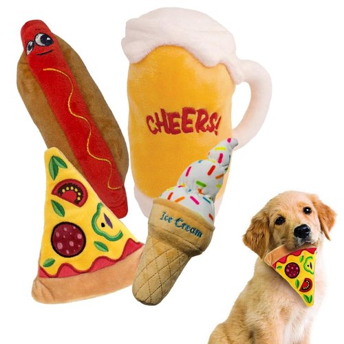 Hydrodogz 4 Pack Squeaky Plush Dog Chew Toy Assortment Food Bundle Puppy Meal Deal Hot Dog, Pizza, Beer, Ice Cream, Cute Interactive Crinkle Toys for Aggressive Dogs, for All Breeds and Sizes