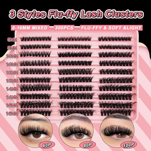 Fluffy Lash Clusters Kit 300pcs DIY Lash Extension Kit, 8-16mm Wispy Lash Clusters Kit Natural 60+80+100D Mixed Eyelashes Kit C Curl with Lash Bond and Seal and Lash Applicator Tool.(60-80-100p-FPB)