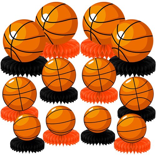 QOUBAI 12 Pcs Basketball Party Decorations Basketball Honeycomb Centerpieces Sports Themed Table Decorations Sports Tabletop Honeycomb Ornaments for Boys Birthday Baby Shower Party Supplies Decor