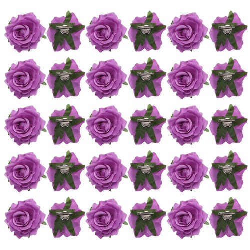MECCANIXITY 30 Pcs Rose Flower Hair Clips 4 Inch Flower Hair Pins Flower Brooch for Women Hair Accessories Light Purple