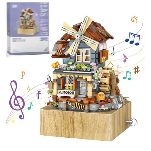 LUOGFYNI Music Box Building Blocks Set, Japanese Windmill House, Farm House Scene Creative Model, Mini Bricks Construction Building Toy for Adults, Gifts for Girls (1239)