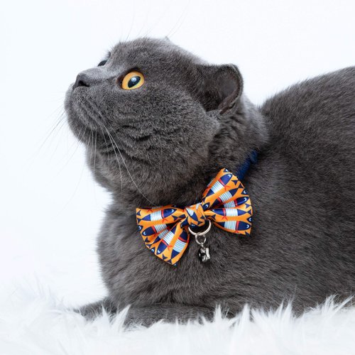 Blueberry Pet Timeless Navy Blue Breakaway Adjustable Chic Fish Print Handmade Bow Tie Cat Collar with European Crystal Bead on Fish Charm, Neck 9"-13", Bow 3" * 2"