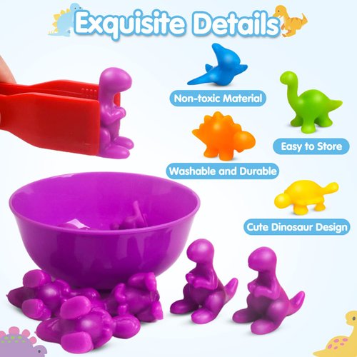 GKDOMS Counting Dinosaurs Toys Matching Game with Sorting Bowls Preschool Learning Activities Montessori Sensory Toys for Math Color Sorting, Party Favors Birthday Gifts for Kids Toddlers