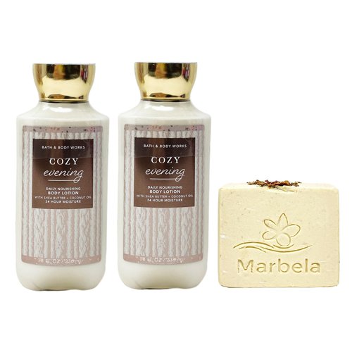 Bath & Body Works Cozy Evening 2 Pack Body Lotion Bundle with a Creamy Rose Bar Soap - Full Size