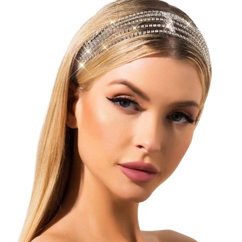 Jeairts Rhinestone Head Chain Forehead Bridal Headband Elastic Crystal Hair Band Halloween Prom Hair Jewelry for Women (1-Silver)