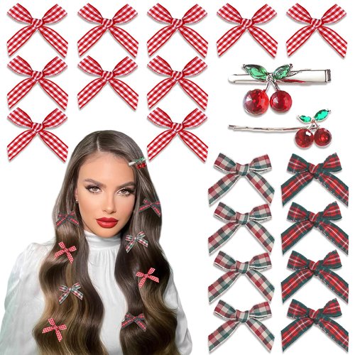 YAEISM 20PCS Red Bow Hair Clips 5 Styles Plaid Mini Bow Hair Clips Christmas Hair Accessories Cherry Alligator Clips Gingham Bowknot Barrettes for Girls Women