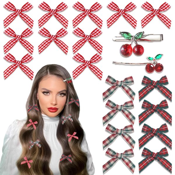 YAEISM 20PCS Red Bow Hair Clips 5 Styles Plaid Mini Bow Hair Clips Christmas Hair Accessories Cherry Alligator Clips Gingham Bowknot Barrettes for Girls Women
