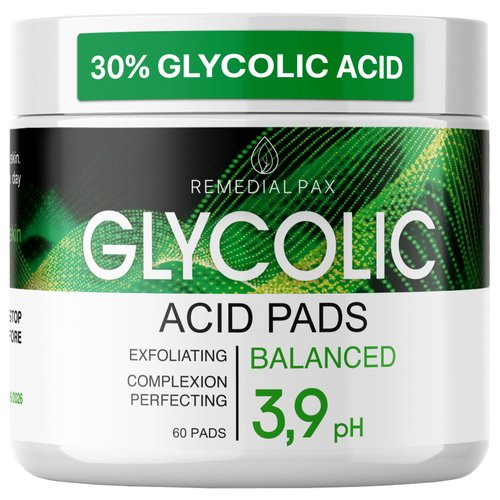 REMEDIAL PAX Glycolic Acid Resurfacing Pads 30% for Face and Body - Exfoliating Facial Peel-Vitamins B5 C E, Green Tea - Glycolic Acid Face Wash – 60 Pre-Moistened Cotton Pads for Cleansing, Peeling