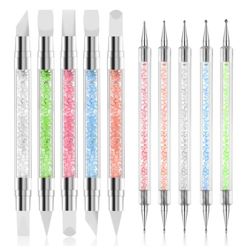 10PCS Nail Art Gel Carving Pen Acrylic Nail Dotting Pen Rhinestone Handle Double-Ended Silicone Nail Art Pen Brushes for Design Nail Foil Carving Drawing and 3D Effect Shaping Drawing Dotting Tools