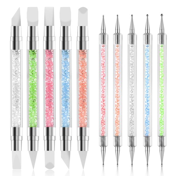 10PCS Nail Art Gel Carving Pen Acrylic Nail Dotting Pen Rhinestone Handle Double-Ended Silicone Nail Art Pen Brushes for Design Nail Foil Carving Drawing and 3D Effect Shaping Drawing Dotting Tools