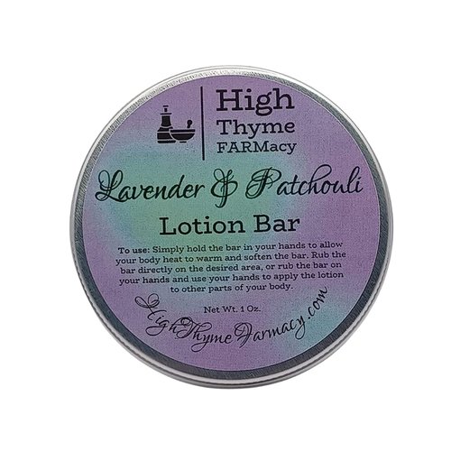 High Thyme FARMacy All-Natural Lavender & Patchouli Lotion Bar - Waterless Lotion Bar for Dry Skin - Beeswax Lotion Bar - Convenient Travel Lotion - Eco Friendly Massage Lotion Bar
