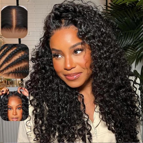 KLAIYI Bye Bye Knots Glueless Wig Pre Cut Water Wave HD Lace Front Wigs Human Hair Pre Bleached Pre Plucked Ready to Go Wigs for Women 30S Easy to Wear Put On and Go Curly Wig Beginner Friendly 14inch