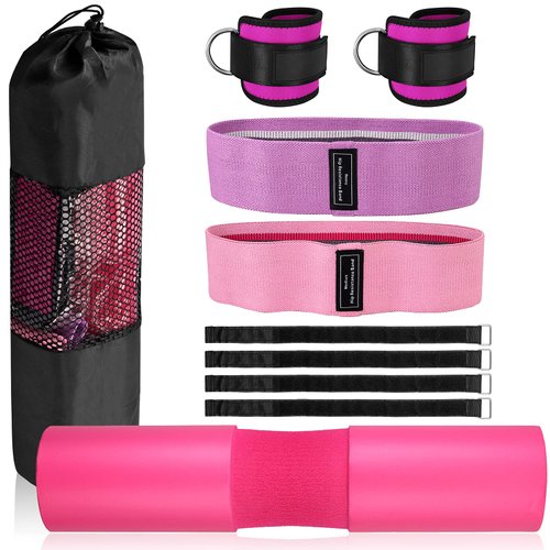 VINTEAM Barbell Pad Set for Squats Hip Thrusts Upgraded Bar Neck Pads Workout Foam Weightlifting Cushion with 2 Gym Ankle Straps 2 Hip Resistance Bands Fits Standard Olympic Bars