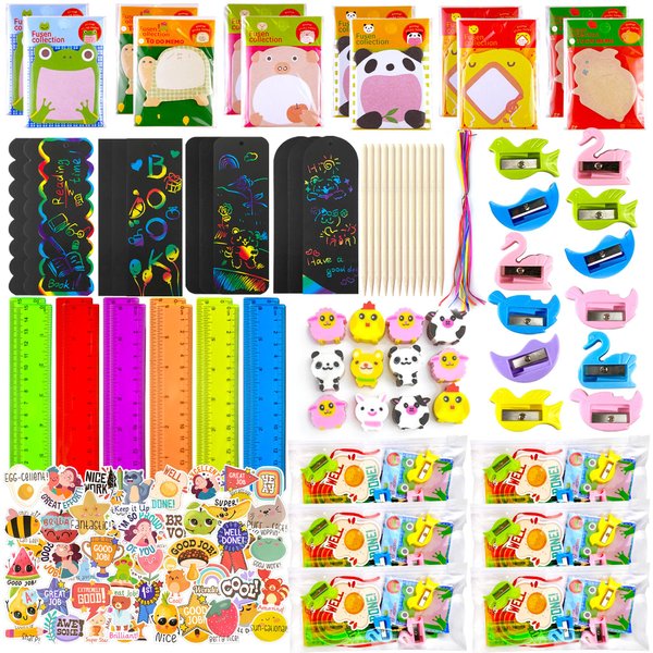 122 PCS Stationery Party Favors Stationery Set Back to School Supplies with Erasers Rulers Sticky Notes Pencil Sharpeners Stickers for Birthday Party Goodie Bags School Classroom Rewards Prizes