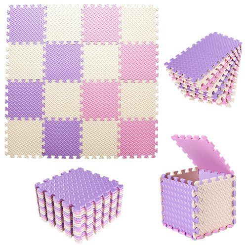 Tamiplay Foam Play Mat for Baby, 0.4 Inch Thicked Interlocking Floor Mats with Solid Colors, Soft Non-Toxic Squares Baby Play Mat, EVA Foam Puzzle Floor Mat for Toddler, 16 Tiles(Pink/Beige/Purple)