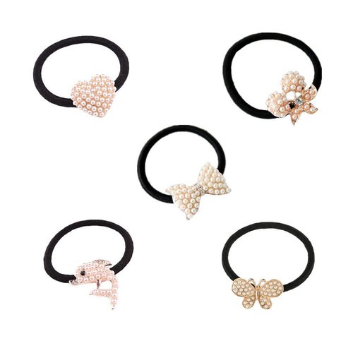 Lovef Beautiful Full Pearl with Crystal Rhinstone Flower Bow Fish Butterfly Design for Baby Children Girl Women Hair Accessories Elastic Tie Ponytail Holders Princess Hair Rope Rubber Bands(5Pcs)