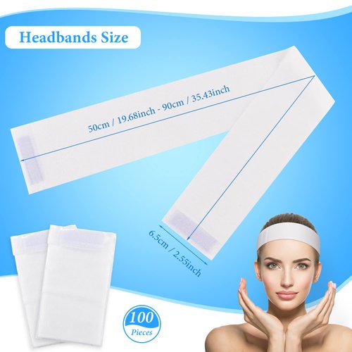 Noverlife 100PCS Disposable Spa Facial Headbands, Elastic Headband Wrap with Adjustable Magic Tape, Stretch Non-Woven Facial Bandeau, Soft Skin Care Essential Headband with Convenient Closure