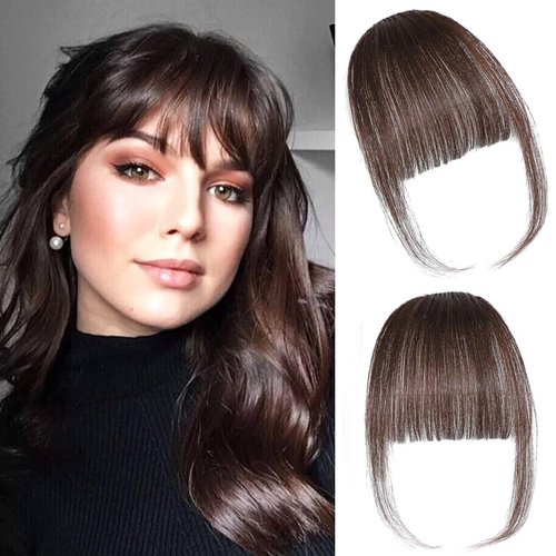WZNBBOY Clip in Bangs 100% Human Hair Extensions Air Thinning Curtain Flat Fake Bangs Fringe with Temples Hairpieces Natural Curved Wispy Air Bangs Clip on Bangs for Everyday Wear (Dark Brown)