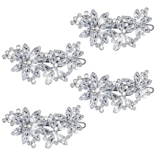 Andibro 4Pcs Rhinestone Hair Clips, Sliver Crystal Flower Hair Barrettes Rhinestones Bridal Hair Clips Crystal Flower Wedding Headpiece for Brides Bridemates Women
