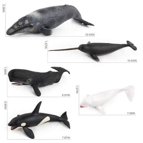 BRETOYIN Jumbo Sperm Whale Toy Figure Set 5PCS Sea Creatures Toys for Kids Narwhal Shark Figurine Killer Whale Toys Beluga Model Educational Science Shark Toys Boy Birthday Gift