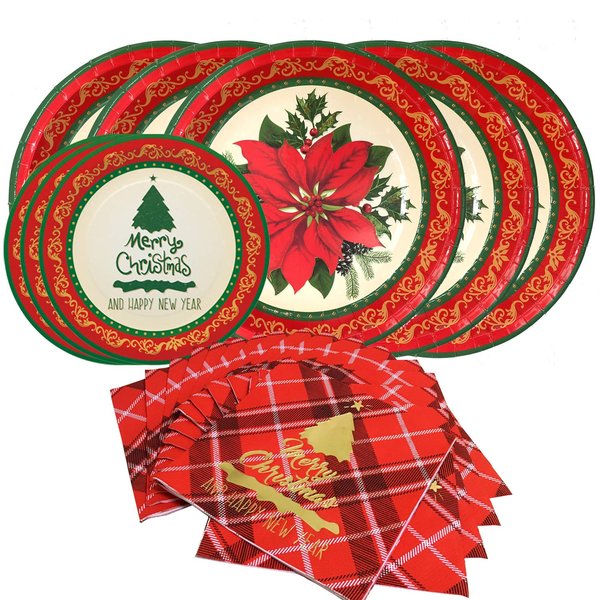 Gatherfun Christmas Party Supplies Christmas Poinsettia Flower Disposable Paper Dinner Plates Dessert Plates and Napkins for Merry Christmas Party, Serve 20