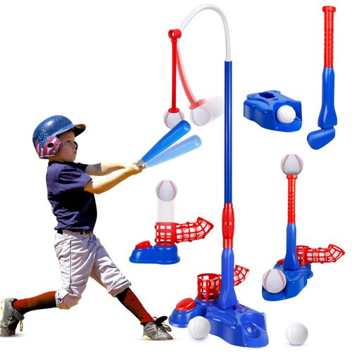 Mukum 4-in-1 Tee Ball Set for Kids, Adjustable T Ball Set Stand with 6 Balls - Perfect Outdoor Toys for Boys and Girls, Indoor Outdoor Sport Gifts Baseball, Softball, Golf