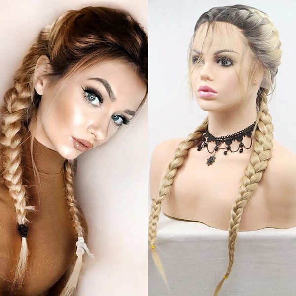 Blonde Double Braided Wigs with Baby Hair Heat Resistant Synthetic Lace Front Wigs for Women Female Dark Roots Ombre Blonde Natural 2x Twist Braids Long Hair Glueless Synthetic Wig