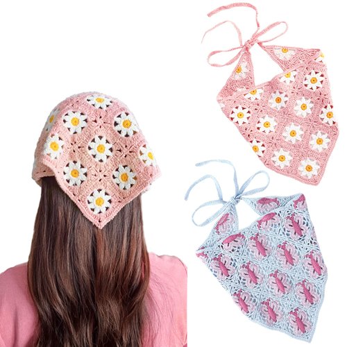 Kunyeah 2 Pieces Crochet Hair Bandana Floral Hair Scarf Boho Head Kerchief Vintage Headbands Triangle Hair Tie Handmade Hair Accessories for Girls Women (Pink/Butterfly)