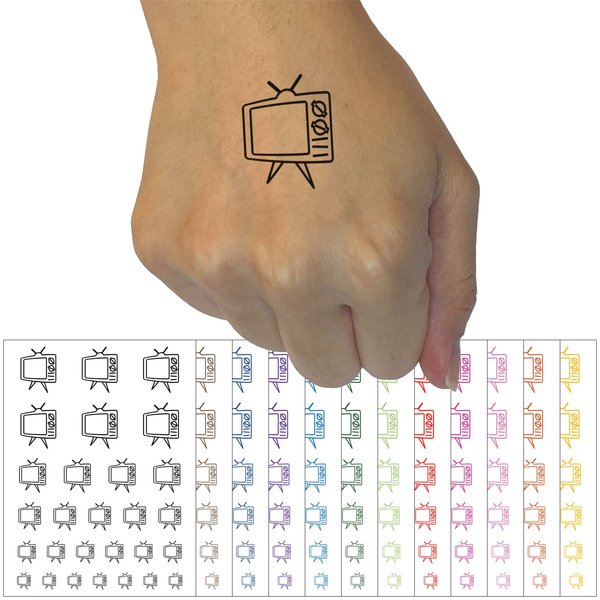Retro TV Television Temporary Tattoo Water Resistant Fake Body Art Set Collection - Hot Pink (One Sheet)