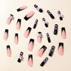 24Pcs Black French Tip Press on Nails Long Coffin Pink Fake Nails silk ribbon Stick on Nails with Bow & Pearl Nail Charms False Nails Artificial Glossy Full Cover Acrylic Nails for Women Long Nails