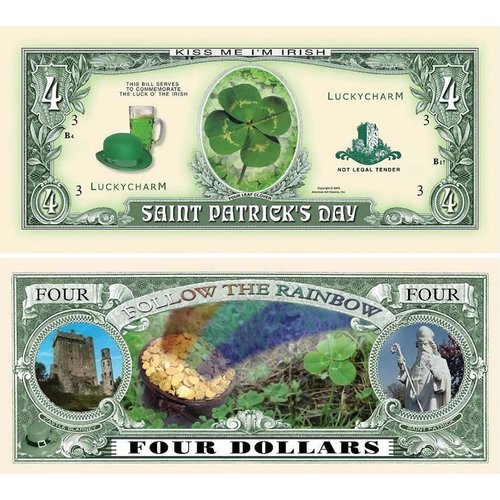 10 Saint Patrick Four Dollar Bill with Bonus “Thanks a Million” Gift Card Set