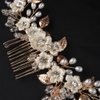 Teyglen Flower Bride Wedding Hair Comb Bridal Crystal Hair Comb Gold Leaf Pearls Headpieces for Bride Crystal Beads Side Hair Comb Handmade Hair Pieces Hair Accessories for Women Flower Girls