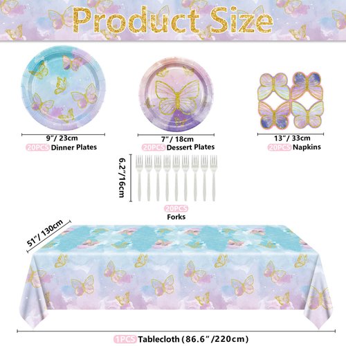 81 Pieces Butterfly Birthday Decorations - Butterfly Paper Plates, Napkins and Tablecloth for Fairy Birthday Decorations Butterfly Birthday Party Supplies, Serve 20