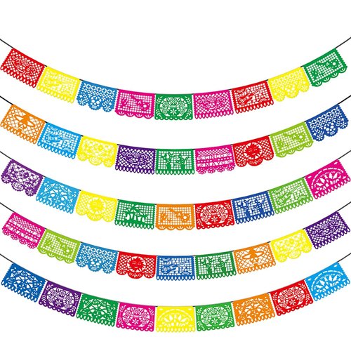 5 PCS Mexican Party Banners, Fiesta Party Decoration, Dia De Los Muertos Ofrenda Decoration Day of The Dead Decor, Cinco De Mayo Plastic Papel Picado, Mexico Birthday Party Supplies, 12 Patterns/90 FT