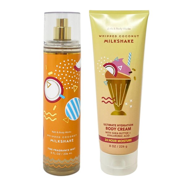Generic Bath and Body Work WHIPPED COCONUT MILKSHAKE 2 Piece Bundle - Fragrance Mist and Body Cream - Full Size, orange