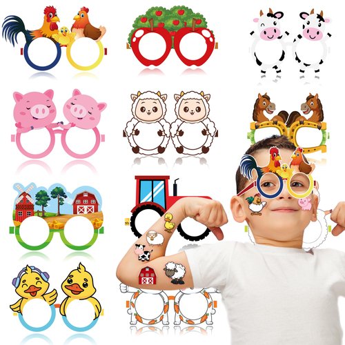 MDNHIO 36PCS Farm Barnyard Animal Party Favor 24PCS Tattoos 12PCS Paper Eyeglasses Themed Paper Photo Booth Props Birthday Party Decorations Dress Up Cute Style Funny Sunglasses Supplies Photography