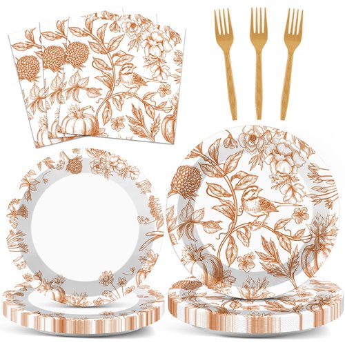 96Pcs Thanksgiving Fall Party Supplies Autumn Paper Plates Napkins Harvest Fall Cake Dessert Party Tableware Set Pumpkin Floral Picnic Dinnerware for Birthday Party Baby Shower Decoration Serve 24