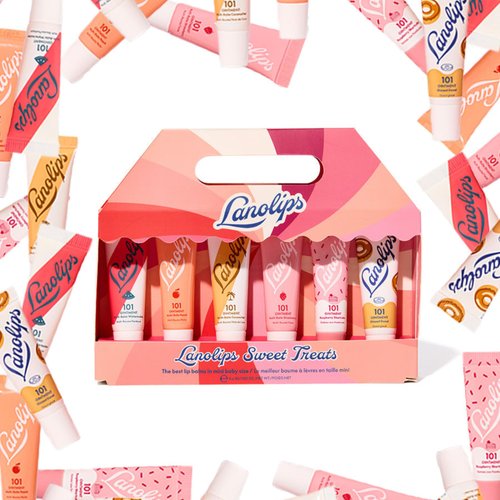 Lanolips Sweet Treats 101 Ointment Lip Balm Minis Gift Set - Strawberry, Coconutter, Watermelon, Raspberry Shortcake, Peach & Glazed Donut - Limited Edition Lanolin Skin Care Set (6 Pieces)