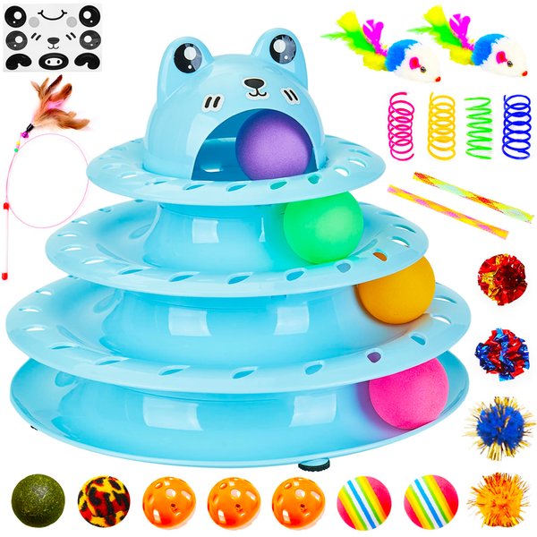 Gefryco 26pcs Cat Toys Roller 4-Level Turntable for Indoor Cats, Self Play Cat Toy Track with Colorful Balls Interactive Kitten Puzzle Toys, Fun Kitty Exercise Toys Set(Blue)