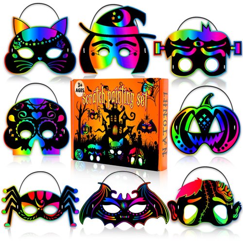 Natonhi 32Pcs Halloween Crafts for Kids Rainbow Scratch Mask, Halloween Games Scratch Art and Craft Kit Halloween Classroom Activities Favors Party Supplies