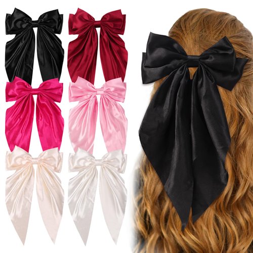 Vellibring 6PCS Big Hair Bows Clips for Woman Long Tail Soft Ribbon Silky Satin Bows Barrettes Hair Clips for Woman Hair Accessories (6 Color)