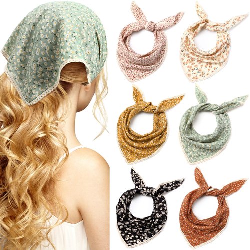 Dingion 6 Pcs Floral Hair Bandanas Head Kerchief Women Bandana Print Chiffon Hair Scarf Triangle Hair Kerchief with Ties(Vintage Color)