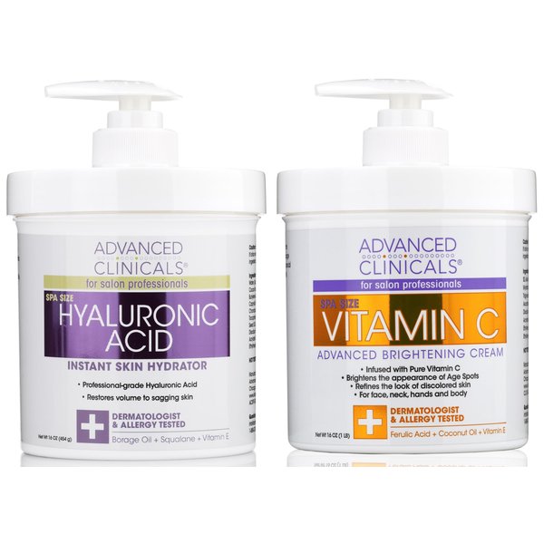 Advanced Clinicals Hyaluronic Acid Body Lotion + Brightening Vitamin C Cream 2pc Set | Face Moisturizer & Body Cream | Brightening Cream For Body, Uneven Skin Tone, Stretch Marks & Crepey Skin, 2pc