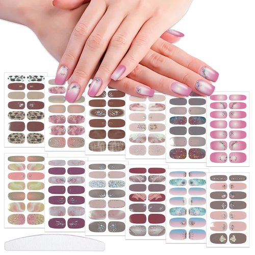 WOKOTO 12 Sheets Nail Stickers Full Nail Wraps for Women Nail Art Stickers Self Adhesive Mix Design Nail Polish Strips Gel Nail Strips StickersFor Women Nail Art Decals Stick On Nails Polish Stickers