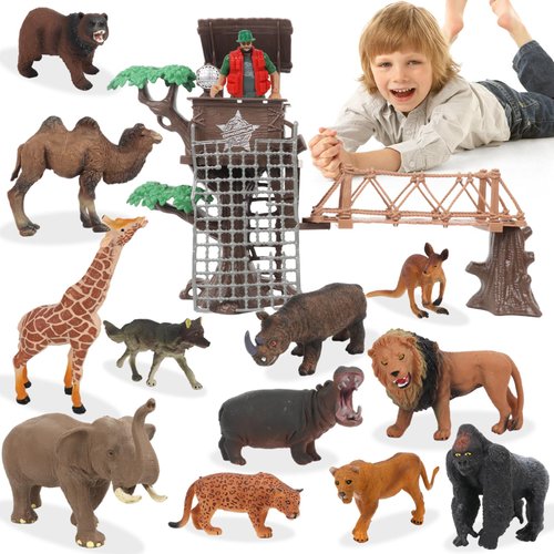 Peagprav Safari Animal Figures Playset Toys, Realistic Animals Figurines with Wild Ranger,Adventure Station, Zoo African Jungle Animals Playset for Kids Boys Girls Toddlers Gift Set