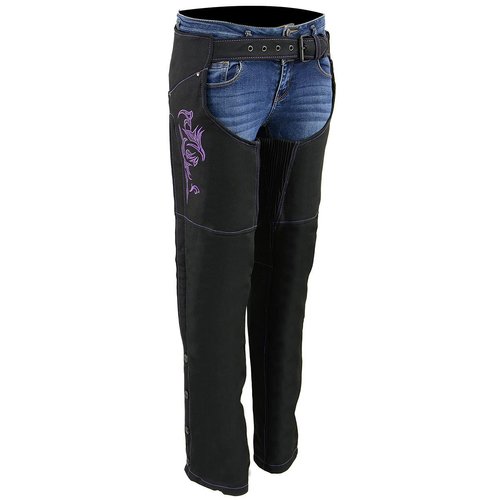 Milwaukee Leather SH1182 Women's Black with Purple Textile Motorcycle Riding Chaps with Tribal Embroidery - 2X-Small