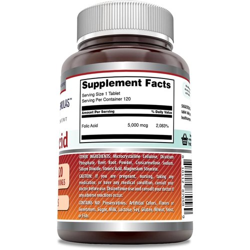 Amazing Formulas Folic Acid Supplement | 5000 Mcg | 120 Tablets | Non-GMO | Gluten Free | Made in USA (3 Pack)
