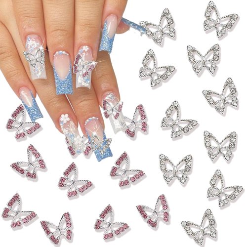 20Pcs NEWSPIED Butterfly Nail Charms 3D Luxury Butterfly Nail Gem Rhinestones Pink Silver Butterfly Charms for Acrylic Nails Decoration Shiny Alloy Butterflies Nail Diamond for Women DIY Nail Supplies