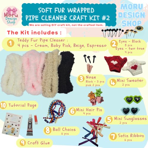 Moru Fur Pipe Cleaner Craft Kit # 2, Soft & Thick Teddy Fur-stem Wire for DIY Art & Craft. with Decorative Accessories(Sweaters/Eyes/Nose/Ribbons)&Tutorial. Great for a Gift, Craft Class, Party